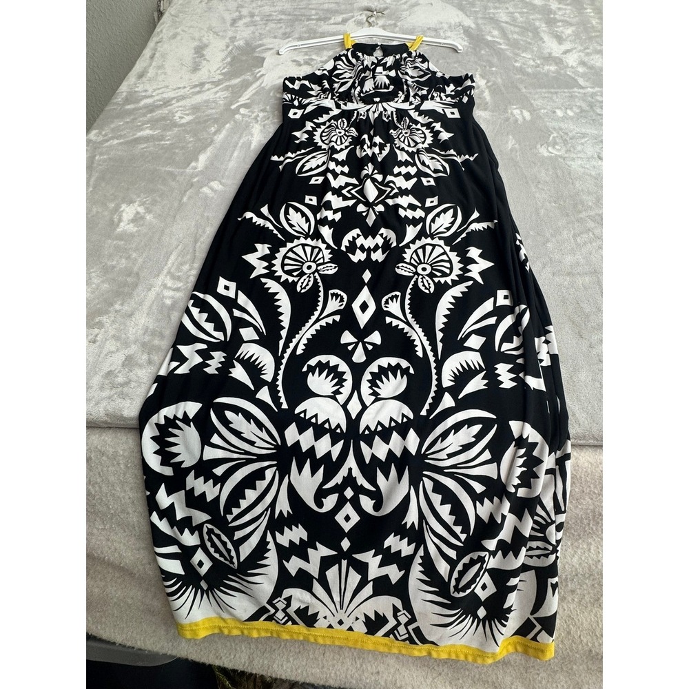 Midnight Velvet Black White Tribal Graphic Halter Maxi Dress Yellow Trim Size 10